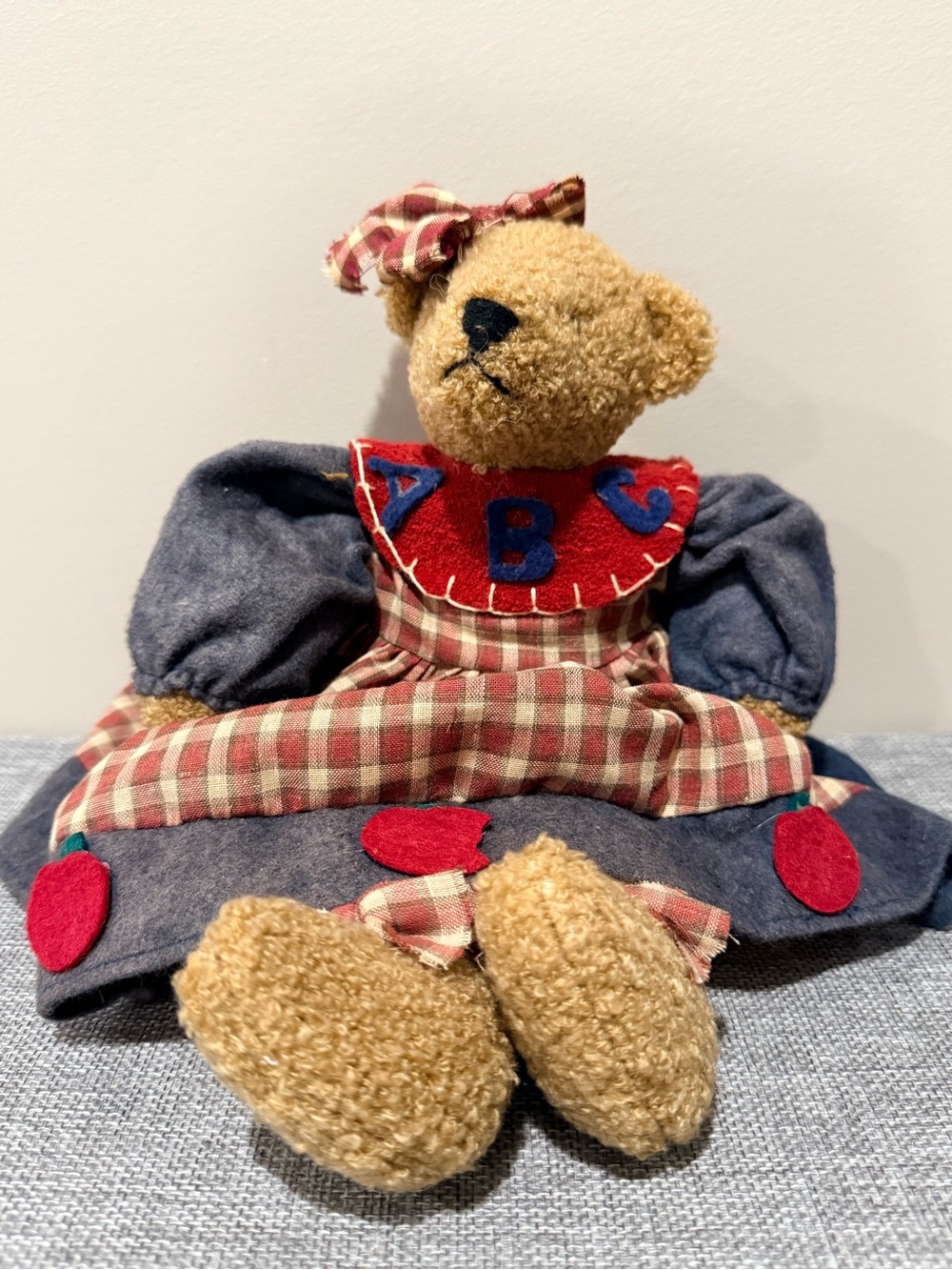 Classic Brown Teddy Bear Plush in Blue Dress with Red Accents